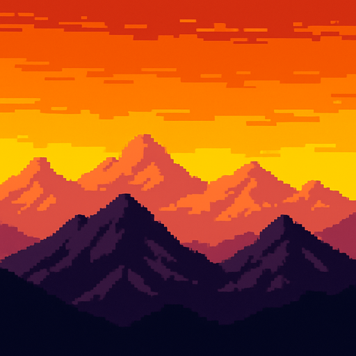 Montañas en atardecer pixelart.
In-Game asset.  2d.  High contrast.  No shadows