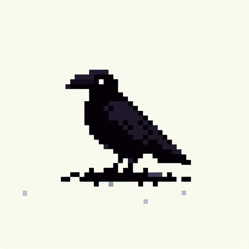 2D Black Pixel Art Bird.
Single Game Texture. In-Game asset. 2d. Blank background. High contrast. No shadows.