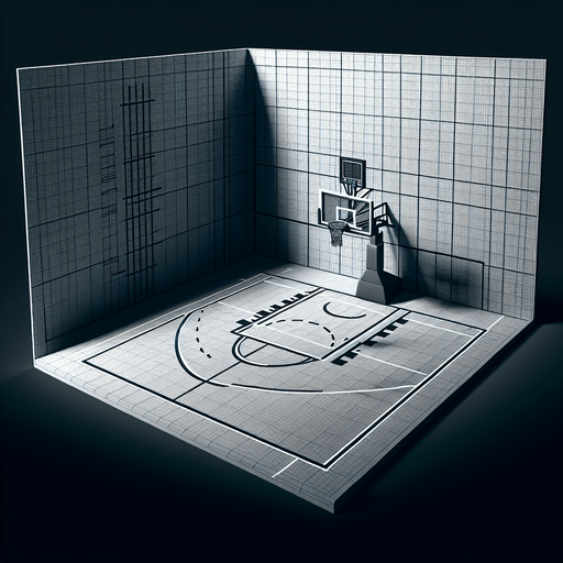 篮球场，写实风格，视角是站在篮球场中心看向其中一个篮筐，在体育馆内.
Single Game Texture. In-Game asset. 2d. Blank background. High contrast. No shadows.