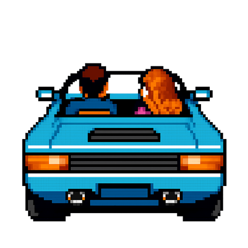 The red car from Out Run, the retro arcade game, vertical, lookip up, pixel  but now the car is of another color. There should be a man or a woman driver and a man or a lady on the copilot seat. Only draw the car the rest is transparent. Same perspective as the Out Run car.
In-Game asset.  2d.  High contrast.  No shadows
