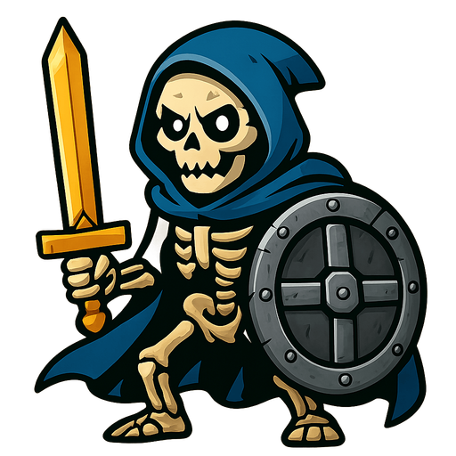 Skeleton with a blue hoodie and cape, golden sword and a reinforced iron shield.
In-Game asset.  2d.  High contrast.  No shadows