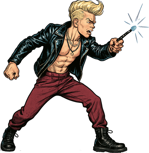 Cyberpunk manga man blonde undercut pompadour shiny black leather biker jacket longsleeves shirtless thin abs pecs necklaces gemstone tipped wand side profile view, action shot wand pointed straight in front arm extended wand casting spell feet planted, standing upright fierce fashion pose animation blonde undercut pompadour, vampire fangs, wine red joggers, combat boots, Background removed, "Full-body character, entirely in frame, no cropping of face, head, or feet" "Complete character visible, from head to toe, fully centered in the image" "Entire character, including face and shoes, fully within the frame" Character fully contained within a square frame, no edges cut off,