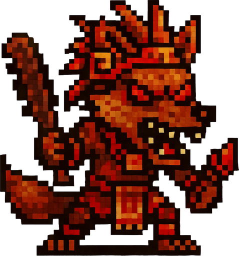 Genérame una Zorro Cangrejero guerrero azteca con eso patrones, estilo pixelar, con una apariencia maligna, ojos rojos, rabioso. Unidad cuerpo a cuerpo. Animal.
In-Game asset.  2d.  High contrast.  No shadows