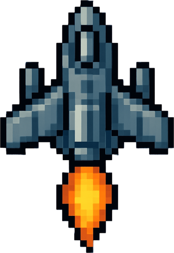 Пиксельный корабль сверху с нарисованным огнем спереди вид сверху.
In-Game asset.  2d.  High contrast.  No shadows