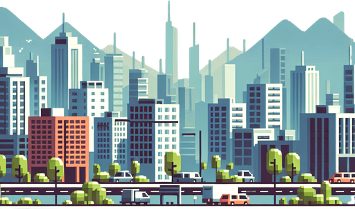 Loopable City image.
Single Game Texture.  In-Game asset.  2d.  Blank background.  High contrast.  No shadows