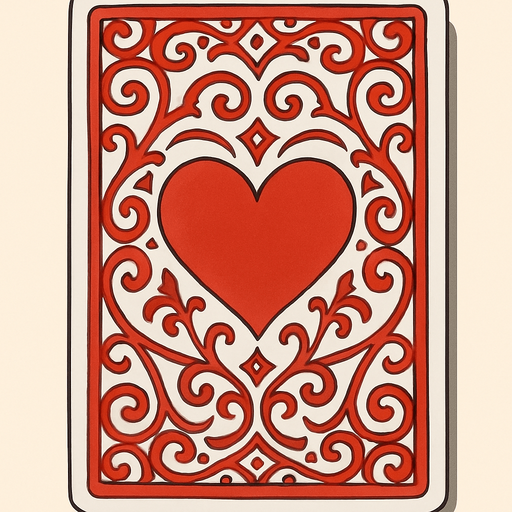 The back of a playing card. Red pattern with a heart in the center. Anime style..
In-Game asset.  2d.  High contrast.  No shadows