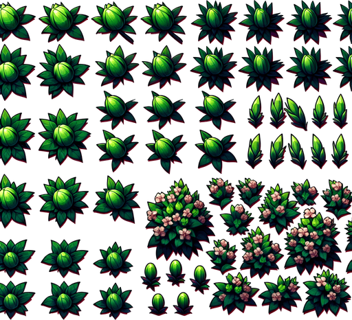 A sprite sheet of flowers with green buds. Overhead view..
Single Game Texture. In-Game asset. 2d. Blank background. High contrast. No shadows.