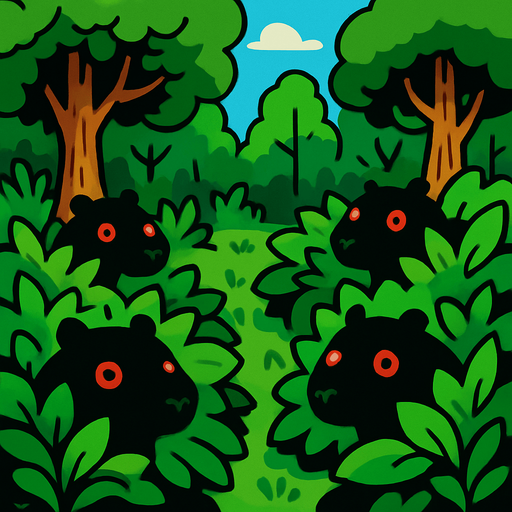 Crea un bosque verde alegre. Pero escondidos en las ojas de los arbustos aparecen capybaras de color negros con ojos rojos..
In-Game asset.  2d.  High contrast.  No shadows