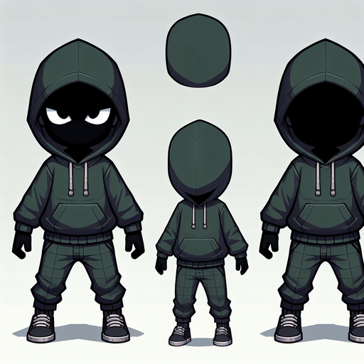 A ninja kid thief, full body, with a dark green hoodie.
Single Game Texture. In-Game asset. 2d. Blank background. High contrast. No shadows.