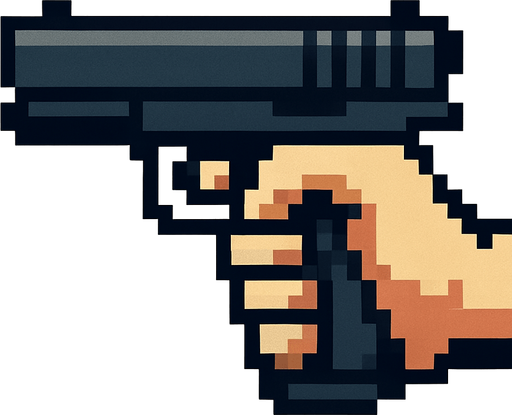 un puño agarrando un arma hecho con pixeles y de perspectiva lateral.
In-Game asset.  2d.  High contrast.  No shadows
