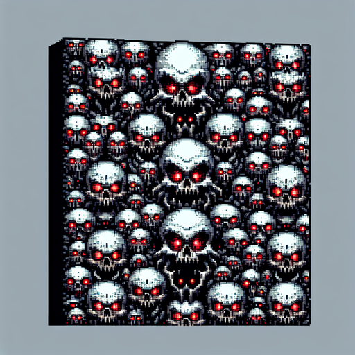 16 bit wall of skulls with red eyes Single Game Texture. In-Game asset. 2d. Blank background. High contrast. No shadows.