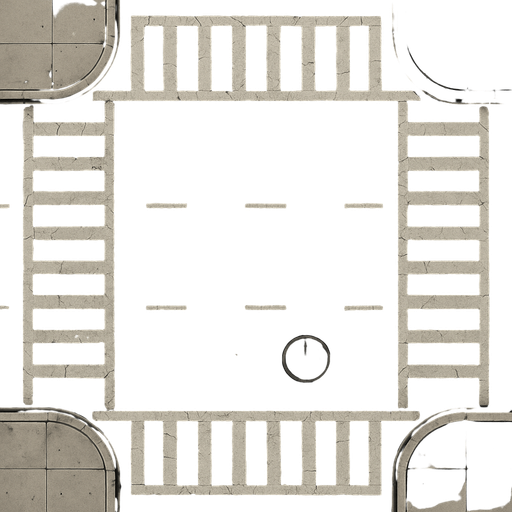 A highly detailed 2D top-down view of an urban asphalt road with multiple lanes, crosswalks, lane markings, realistic cracks, manholes, faded paint, and small debris like leaves or pebbles. Include sidewalks with curbs, drainage grates, and subtle oil stains. The scene should reflect a realistic city environment, with attention to texture and lighting for depth. The illustration style should be clean yet rich in detail, combining technical drawing precision with artistic shading.
In-Game asset.  2d.  High contrast.  No shadows