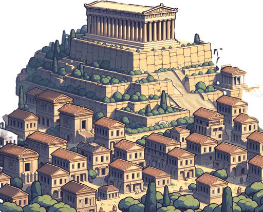 An animated image of an ancient greek city with an Acropolis.
Single Game Texture. In-Game asset. 2d. Blank background. High contrast. No shadows.