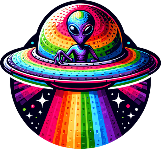 create a rainbow alien in a UFO.
Single Game Texture.  In-Game asset.  2d.  Blank background.  High contrast.  No shadows