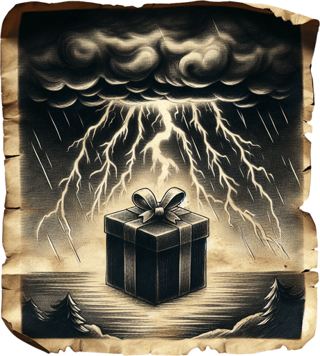 a pergament of a christmas present hit by a storm lightning in the sky. There is the text: "Gifts are not guaranteed to withstand storm damage."