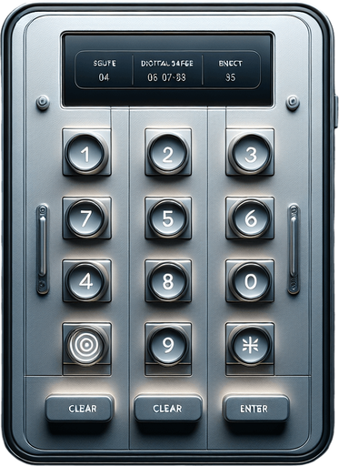 A clean and minimalistic mobile app interface for cracking a digital safe, designed with modern web design best practices. The centerpiece of the screen is a 3x4 grid with 12 square buttons, evenly spaced and aligned, resembling a secure keypad. Each button has a flat, modern design with sharp edges, soft shadows, and bold numbers (0-9) along with 'Clear' and 'Enter' buttons on the bottom row.

Above the keypad, there is a rectangular display screen where entered digits appear, styled with a dark background and crisp, glowing white text to evoke a secure, high-tech feel. The interface includes subtle visual cues of a safe-cracking theme, such as a faint metallic texture in the background or a subtle outline of a safe door around the display.

The overall layout is intuitive and professional, using a neutral color palette with subtle accents like light grey buttons and soft hover or press effects. The design is uncluttered and functional, balancing simplicity with a sleek aesthetic that.
Single Game Texture. In-Game asset. 2d. Blank background. High contrast. No shadows.