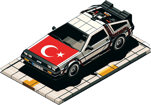 DeLorean car, seen from behind Top down, gta2, Single Game Texture. In-game asset. 2d. Empty background. High contrast. No shadows. isometric. Use modified car with turkish flag..
Single Game Texture. In-Game asset. 2d. Blank background. High contrast. No shadows.