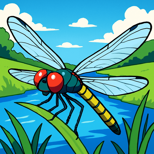 gambar gaya anime capung dengan background sungai.
In-Game asset.  2d.  High contrast.  No shadows