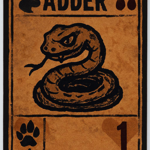 Design a rectangular card that looks like it's from an old card game, with a faded parchment-style background in a dull orange-brown color and a dark border. At the top of the card, display the word "ADDER" in bold, uppercase letters. In the top-left corner, include a dark gray snake head silhouette symbol. In the top-right corner, place two dark red blood drop icons. In the center of the card, draw a coiled snake with a threatening expression, hand-drawn style, with rough and slightly uneven lines. The snake should have a forked tongue sticking out and a sinister look in its eyes. In the bottom-left corner, add a black paw print icon with the number "1" next to it. In the bottom-right corner, include a heart-like icon also with the number "1" beside it. The overall atmosphere of the card should be dark, eerie, and mystical, with an old, handmade aesthetic..
In-Game asset.  2d.  High contrast.  No shadows