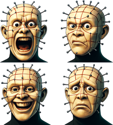 3D Scary but funny face meme "pinhead" from the movie. different faces look. only face
In-Game asset.  High contrast. 3D. No shadows. only face