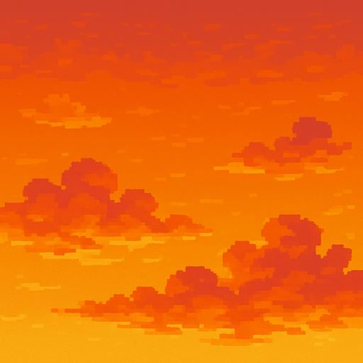 Sunset sky, orange and pink clouds, golden hour atmosphere, warm gradient background, 2D pixel art.
In-Game asset.  2d.  High contrast.  No shadows