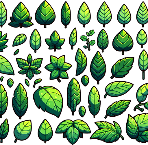 A sprite sheet of different green leaves. Cartoon..
Single Game Texture. In-Game asset. 2d. Blank background. High contrast. No shadows.