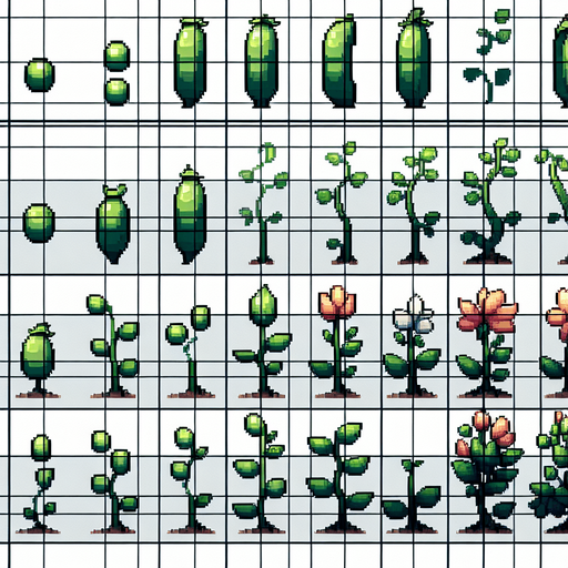 A spritesheet showing a pea plant in various stages of germantion, from pea over sapling and to full grown plant with colorful flowers, and then with ripe pea pods. The sprites should be laid out in a rectangular grid with blank space between them..
Single Game Texture. In-Game asset. 2d. Blank background. High contrast. No shadows.
