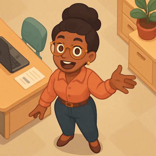 A women working in an office who loves to talk an talks too much. Dark skin color. Standing up and ready spew the latest gossip to whoever comes near. Full body viewed from the above. Everybody who comes near hear gets bombarded with her talking about what happened the past weekend. Friendly looking. Cute soft graphics. soft ambient light. semi-matte to satin surfaces. naturalistic with slight saturation boost colors. Tone is premium, friendly, clean with lifestyle or service-oriented appeal.
In-Game asset.  2d.  High contrast.  No shadows. top down. View from above.