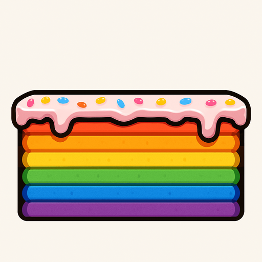 lateral view of a flat rainbow cake in rectangular platform shape for a platformer game.
In-Game asset.  2d.  High contrast.  No shadows