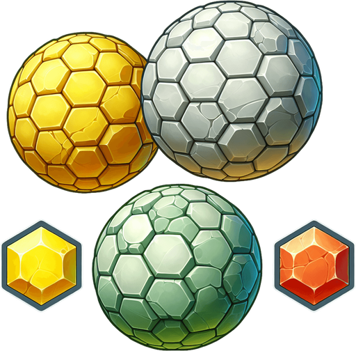 Create a set of hexagonal, rock-like balls for a cannon shooting game. Each ball should have a slightly beveled edge, giving it a 3D stone-like appearance with light shading and highlights. The balls should come in three distinct colors: Yellow, Red, and Green, each representing different power-ups or game functions. The texture should resemble polished stone but slightly rough, with subtle cracks or imperfections for realism.".
Single Game Texture.  In-Game asset.  2d.  Blank background.  High contrast.  No shadows