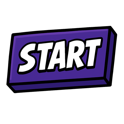A bold comic-style rectangular button labeled 'Start' in capital white letters. The button has sharp edges with thick black outlines and a deep purple fill. Style mimics classic graphic novel UI — solid, punchy, and energetic. No background, transparent PNG.
In-Game asset.  2d.  High contrast.  No shadows