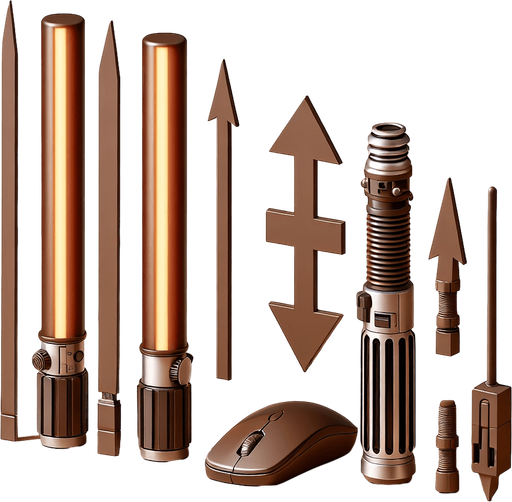 Brown Lasersaber in vertical position, next to it the same horizontally. In between, there is a back-and-forth arrow and a computer mouse..