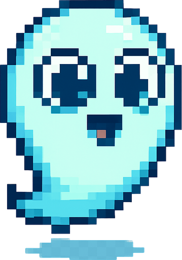El fantasma debe tener un diseño amigable y en estilo pixel art, con cuerpo flotante de forma ovalada o en forma de gota invertida, color blanco o celeste pálido con bordes suaves y contorno oscuro para resaltar; su cara debe incluir ojos grandes y redondos con expresión simpática o curiosa, y una boca pequeña en forma de sonrisa o círculo; puede tener una animación sutil de flotación vertical, como si levitara suavemente en el aire, y opcionalmente incluir detalles como un leve brillo, transparencia o una colita ondeante en la parte inferior; el fondo debe ser transparente, y su estilo visual debe encajar en un mundo colorido y casual..
In-Game asset.  2d.  High contrast.  No shadows