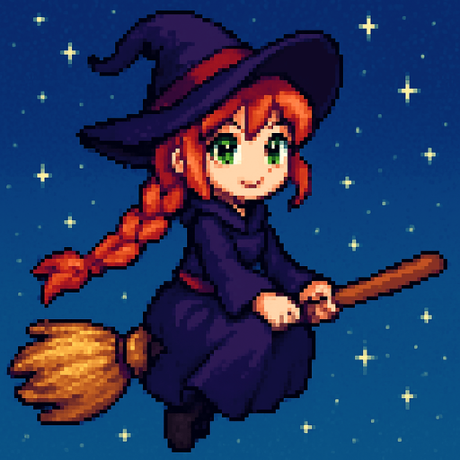 “High-quality 2D pixel art of a witch girl flying on a magic broomstick. She has fair skin, bright green eyes, and long orange braided hair. She is wearing a classic witch hat and outfit. She is sitting sideways on the broom (her body facing the viewer, but her head turned to look forward in the direction of flight). The background is a clear sky or night sky with stars. The art should have a magical, whimsical feeling with detailed shading and vibrant colors.”.
In-Game asset.  2d.  High contrast.  No shadows