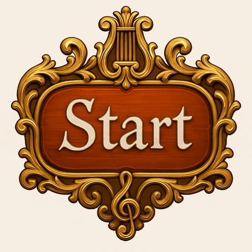 Crea un botón visual para la pantalla de inicio de un videojuego llamado Symphony Siege. El botón debe decir "Start" y estar inspirado en una sala de conciertos clásica y elementos musicales. El diseño debe tener un estilo elegante, ligeramente barroco o sinfónico, con detalles dorados y formas suaves. El texto "Start" debe estar centrado y ser legible, con una tipografía estilizada tipo partitura o manuscrito musical. El fondo del botón debe parecer una tecla de piano brillante o una placa de madera de violín. El contorno puede tener detalles dorados o bronces ornamentales. El botón debe emitir una sensación de majestuosidad y armonía, no modernidad ni minimalismo.
In-Game asset.  2d.  High contrast.  No shadows