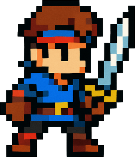 2d hero swordsman pixel sprite.
In-Game asset.  2d.  High contrast.  No shadows