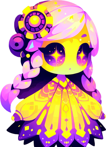 Doll fyn glowing yellow and purple.
Single Game Texture. In-Game asset. 2d. Blank background. High contrast. No shadows.