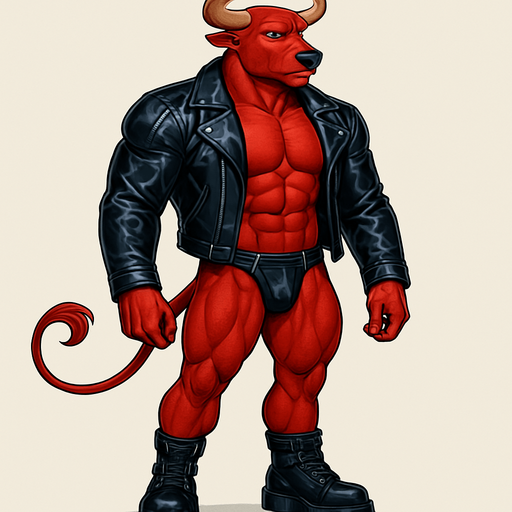 idle animation hunky Minotaur man Cyberpunk manga, minotaur monster hunk, shiny black leather biker jacket longsleeves shirtless muscles, jockstrap combat boots, Background removed, "Full-body character, entirely in frame, no cropping of face, head, or feet" "Complete character visible, from horns to hooves, fully centered in the image" "Entire character, including face and boots, fully within the frame" Character fully contained within a square frame, no edges cut off fashion model idle pose