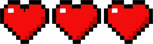 tres corazones hechos con pixeles.
In-Game asset.  2d.  High contrast.  No shadows