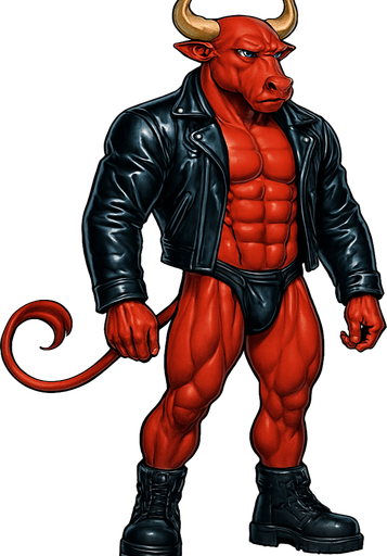 idle animation hunky Minotaur man Cyberpunk manga, minotaur monster hunk, shiny black leather biker jacket longsleeves shirtless muscles, jockstrap combat boots, Background removed, "Full-body character, entirely in frame, no cropping of face, head, or feet" "Complete character visible, from horns to hooves, fully centered in the image" "Entire character, including face and boots, fully within the frame" Character fully contained within a square frame, no edges cut off fashion model idle pose