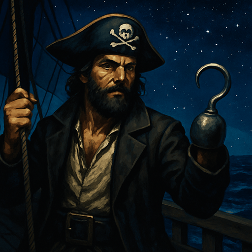 Pirata con sombrero pirata y garfio, en barco pirata, navegando sobre el mar en una noche estrellada, algo realista, pero fuera de lo caricaturesco.
In-Game asset.  2d.  High contrast.  No shadows