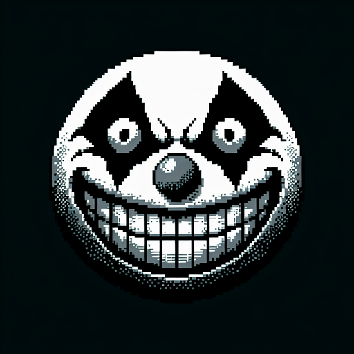 Grinning creepy ball shaped clown face.
Single Game Texture. In-Game asset. 2d. Blank background. High contrast. No shadows. 8 bit