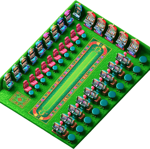 Typical cassino floor with green carpet and slot machines lined on the edges of the screen. It should fit the entirety of the screen. It is a topdown view. Single Game Texture. In-Game asset. 2d. Blank background. High contrast. No shadows.