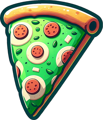 a slice of pizza on a transparent background, predominantly green. Slice of pizza.
Single Game Texture. In-Game asset. 2d. Blank background. High contrast. No shadows.