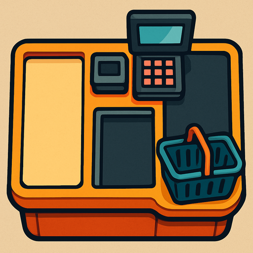 Üzerinde meyve, sebze gibi ürün bulundurmayan; market kasa bankosu. Üstten görünüm..
In-Game asset.  2d.  High contrast.  No shadows