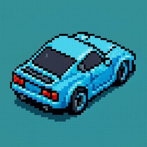 auto celeste deportivo con perspectiva desde arriba y trasera hecho con pixeles.
In-Game asset.  2d.  High contrast.  No shadows