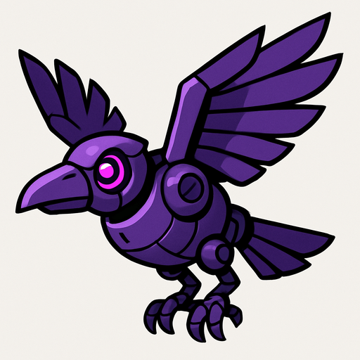 Crow robot morado volando.
In-Game asset.  2d.  High contrast.  No shadows