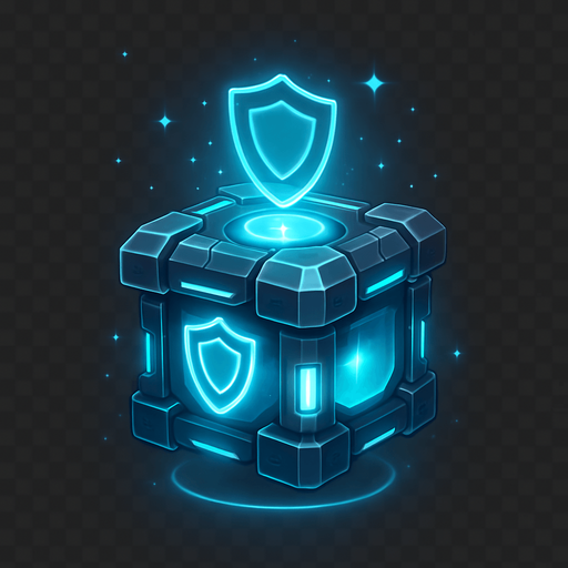 A 2D sci-fi power-up gift box that grants a shield, designed with a glowing blue energy core inside a metallic futuristic container. The box features holographic shield symbols, neon cyan highlights, and soft pulsing light. It is slightly levitating, surrounded by sparkles and a faint energy ring. The design should clearly suggest it gives protective power. Transparent background, digital art style, ideal for sprite use in a top-down space shooter game..
In-Game asset.  2d.  High contrast.  No shadows