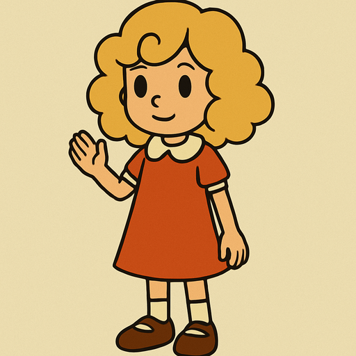 Cute little 7yo girl with blonde curly hair. Professor Layton game style 
In-Game asset.  2d.  High contrast.  No shadows