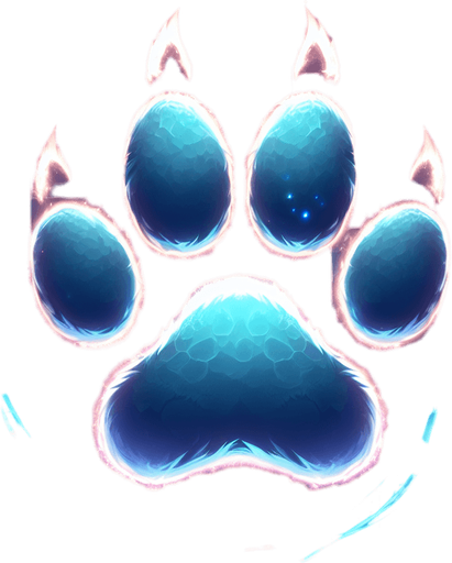 A glowing paw print (wolf, bear, or cat-like) leaving a faint spectral trail..
Single Game Texture.  In-Game asset.  2d.  Blank background.  High contrast.  No shadows